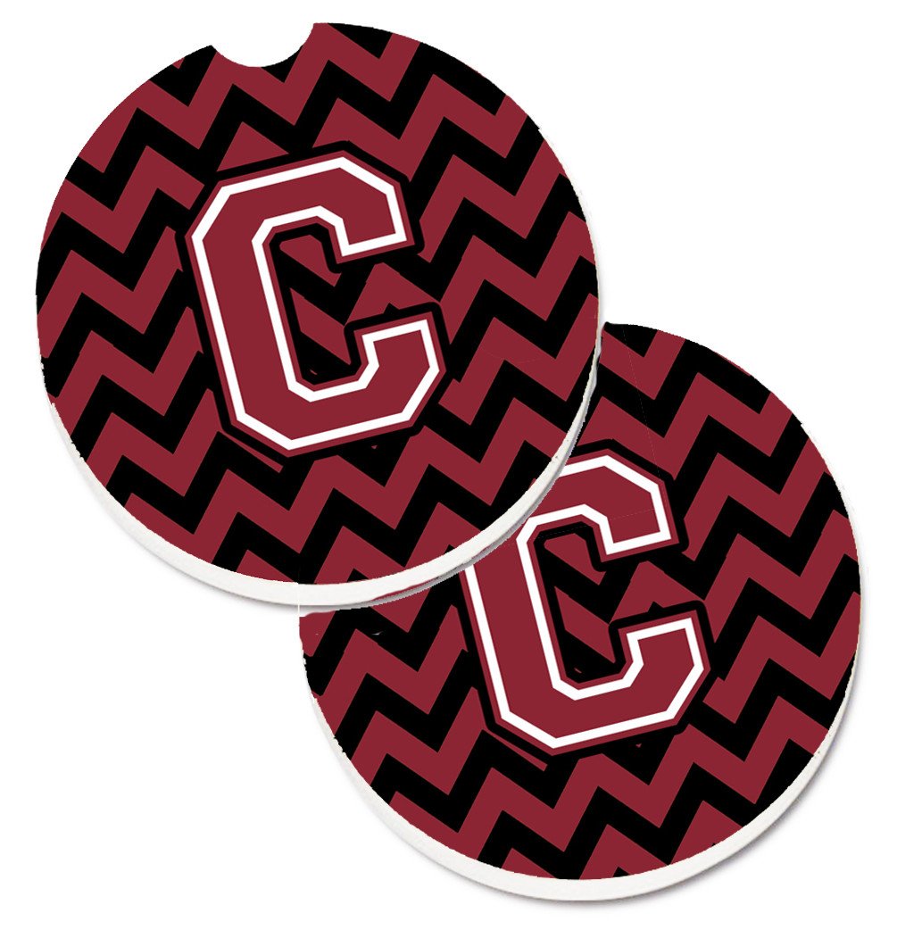 Letter C Chevron Garnet and Black  Set of 2 Cup Holder Car Coasters CJ1052-CCARC by Caroline&#39;s Treasures