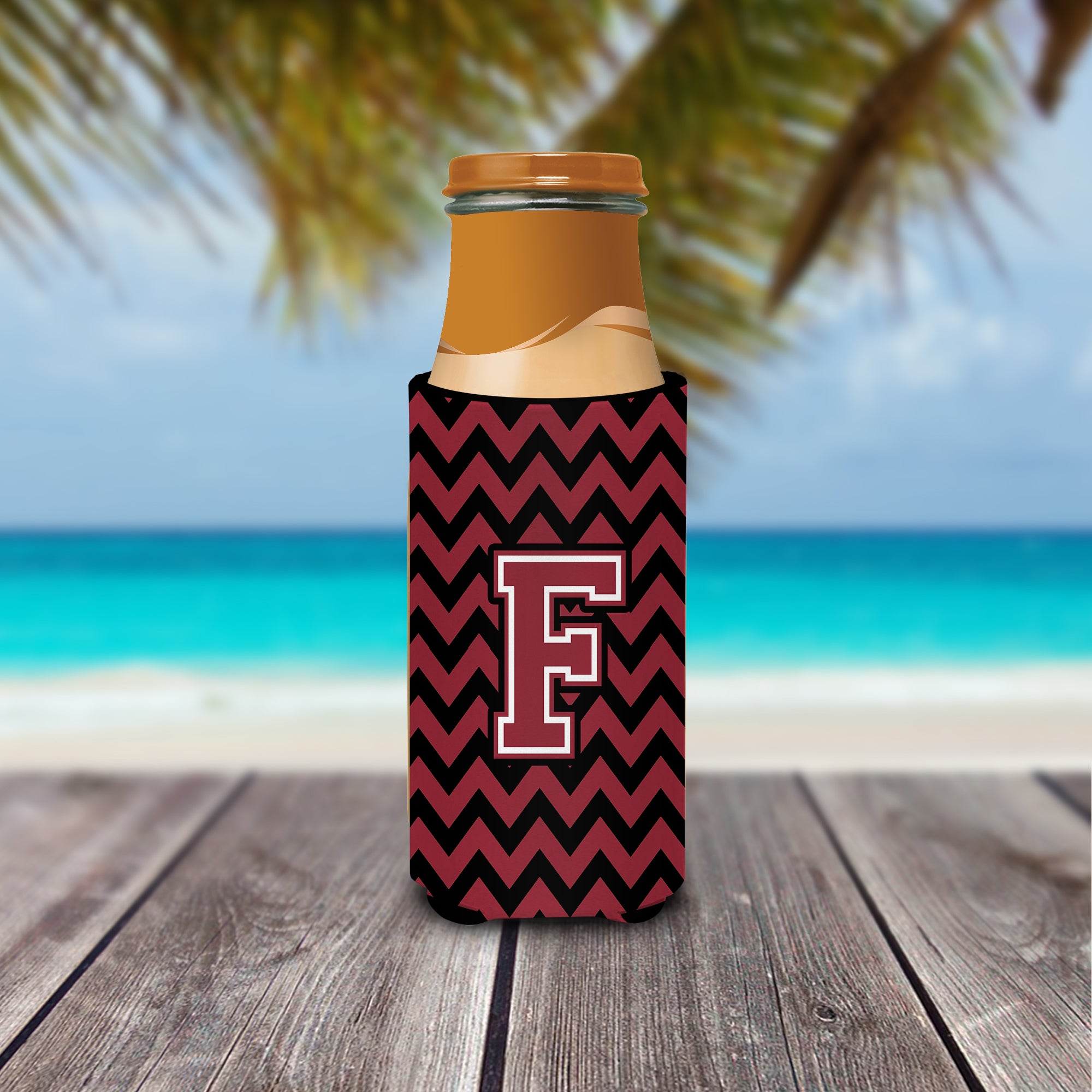 Letter F Chevron Garnet and Black  Ultra Beverage Insulators for slim cans CJ1052-FMUK.