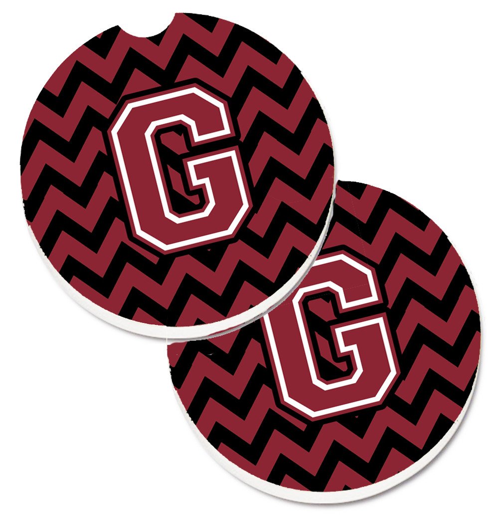 Letter G Chevron Garnet and Black  Set of 2 Cup Holder Car Coasters CJ1052-GCARC by Caroline's Treasures