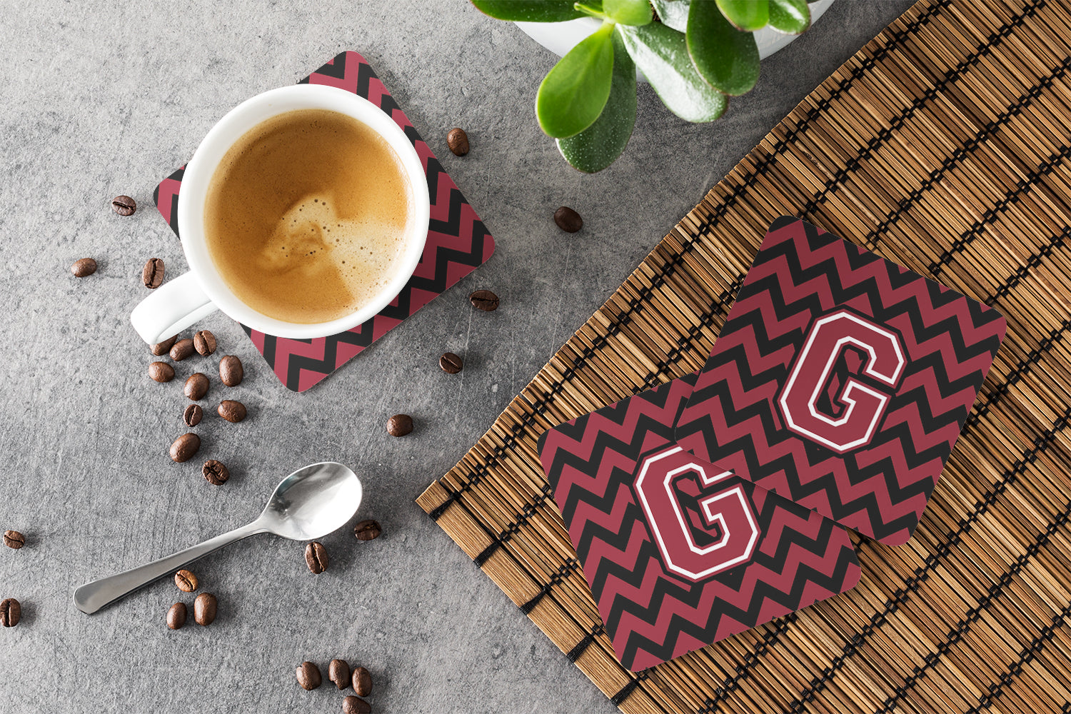 Letter G Chevron Garnet and Black  Foam Coaster Set of 4 CJ1052-GFC - the-store.com