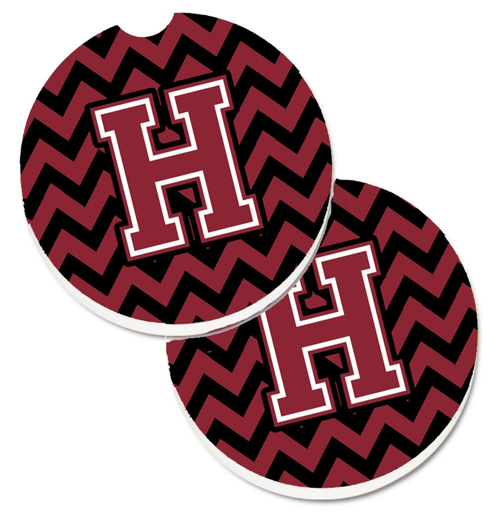 Letter H Chevron Garnet and Black  Set of 2 Cup Holder Car Coasters CJ1052-HCARC by Caroline's Treasures