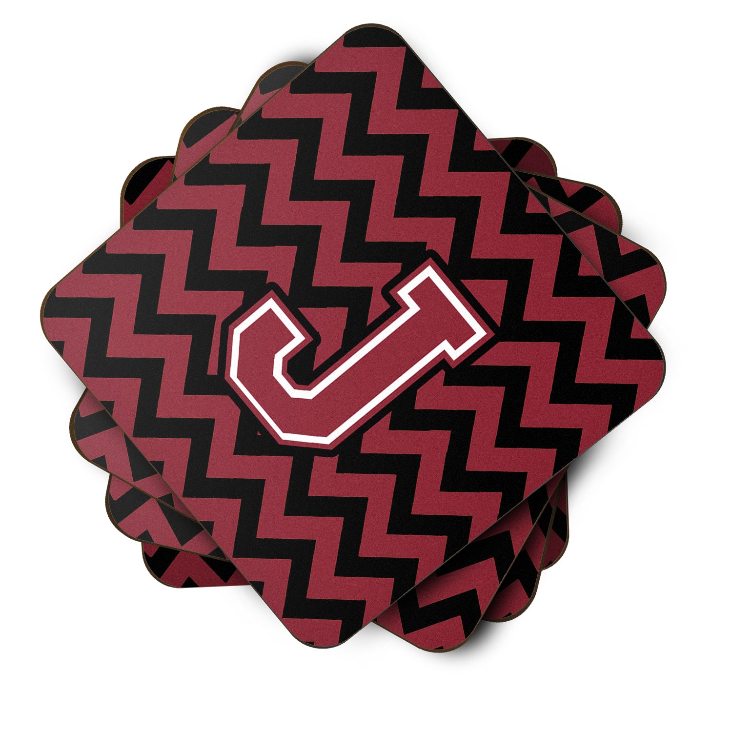 Letter J Chevron Garnet and Black  Foam Coaster Set of 4 CJ1052-JFC - the-store.com