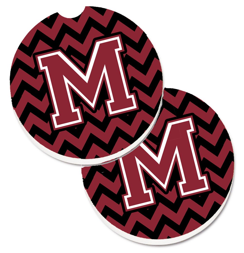 Letter M Chevron Garnet and Black  Set of 2 Cup Holder Car Coasters CJ1052-MCARC by Caroline's Treasures