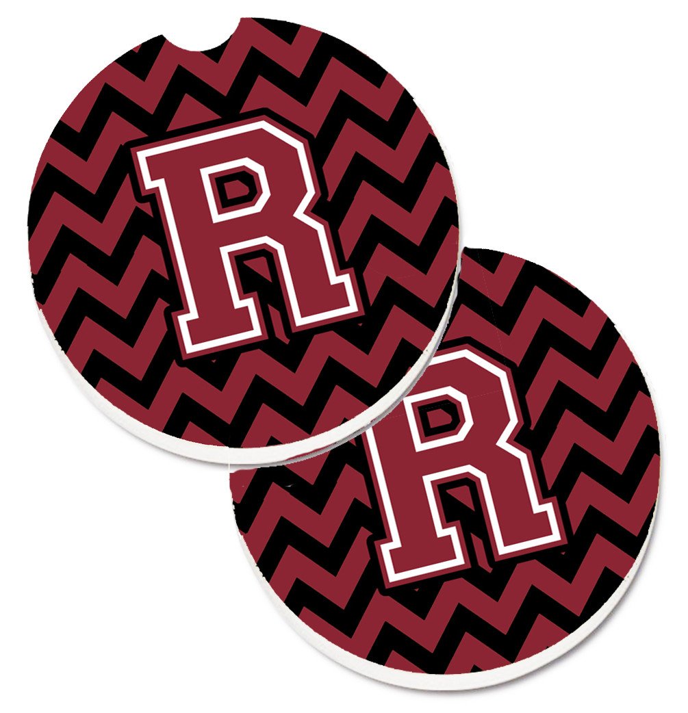 Letter R Chevron Garnet and Black  Set of 2 Cup Holder Car Coasters CJ1052-RCARC by Caroline's Treasures