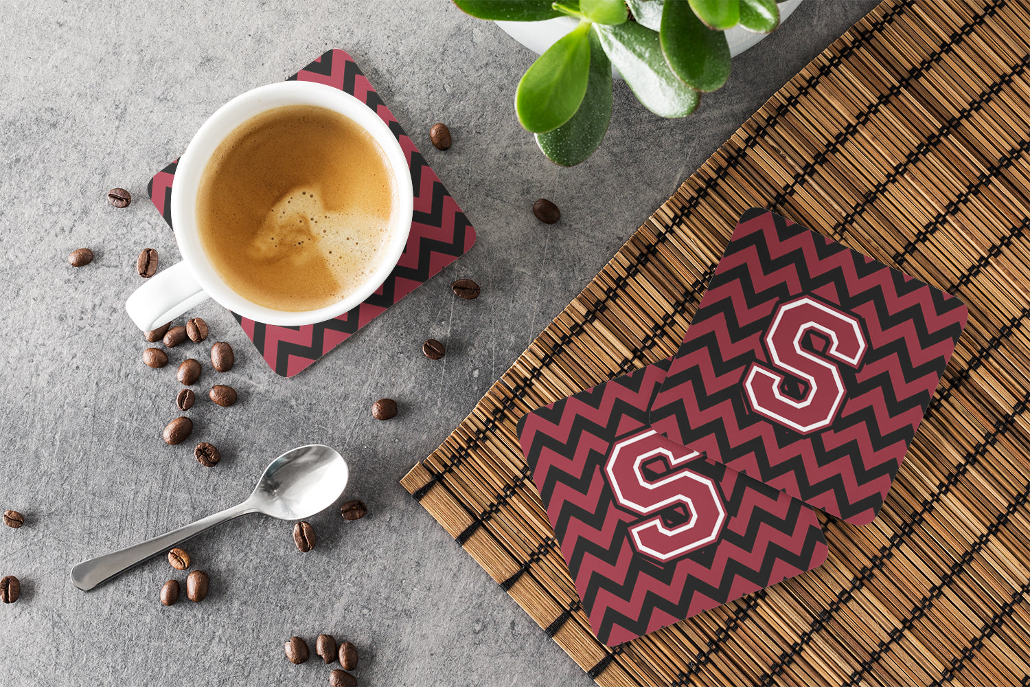 Letter S Chevron Garnet and Black  Foam Coaster Set of 4 CJ1052-SFC - the-store.com