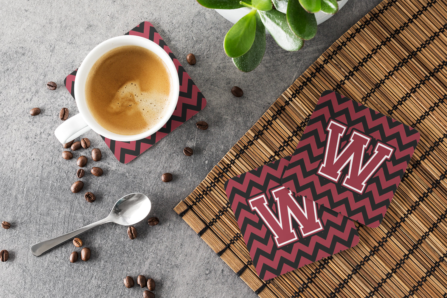 Letter W Chevron Garnet and Black  Foam Coaster Set of 4 CJ1052-WFC - the-store.com