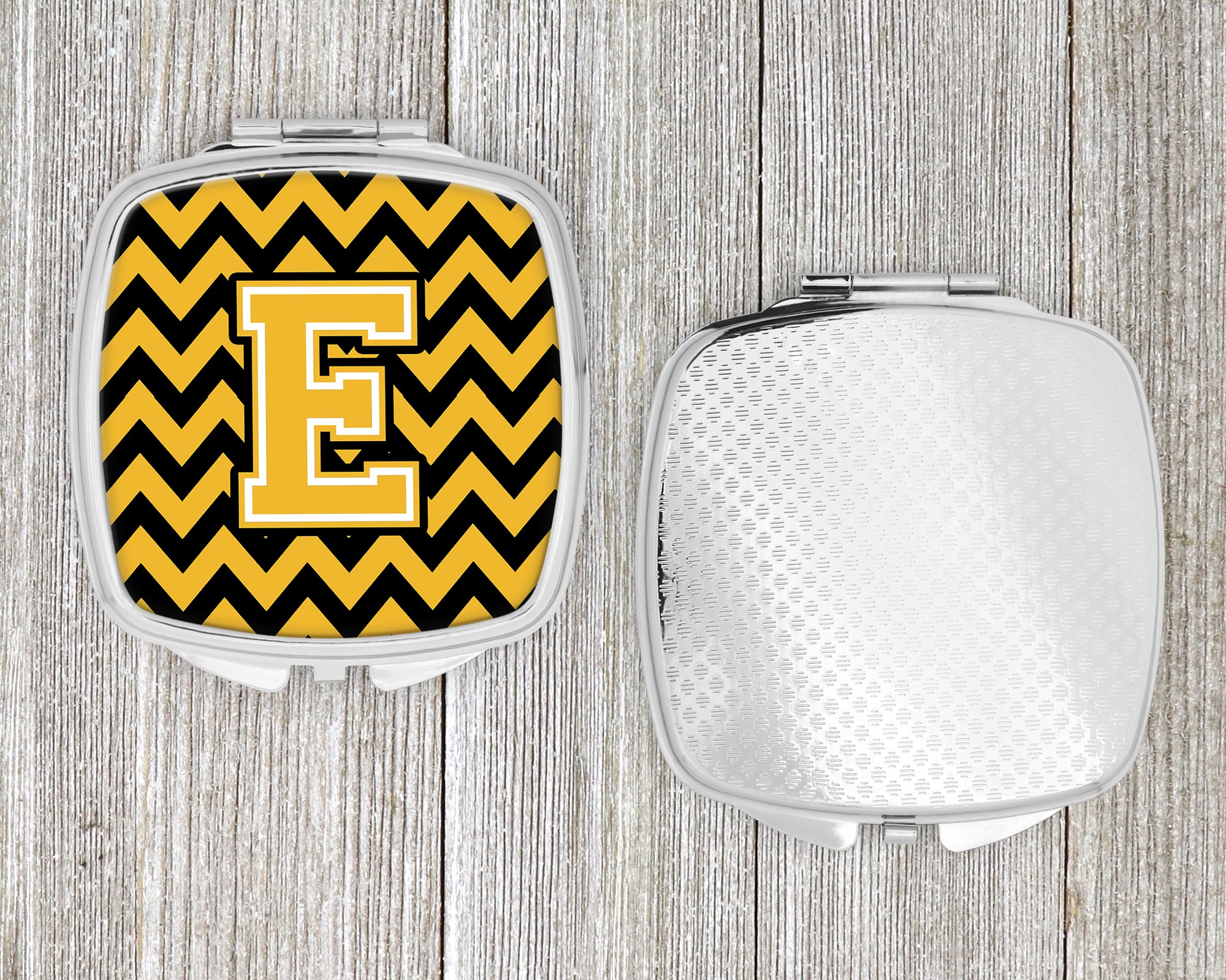 Letter E Chevron Black and Gold Compact Mirror CJ1053-ESCM  the-store.com.