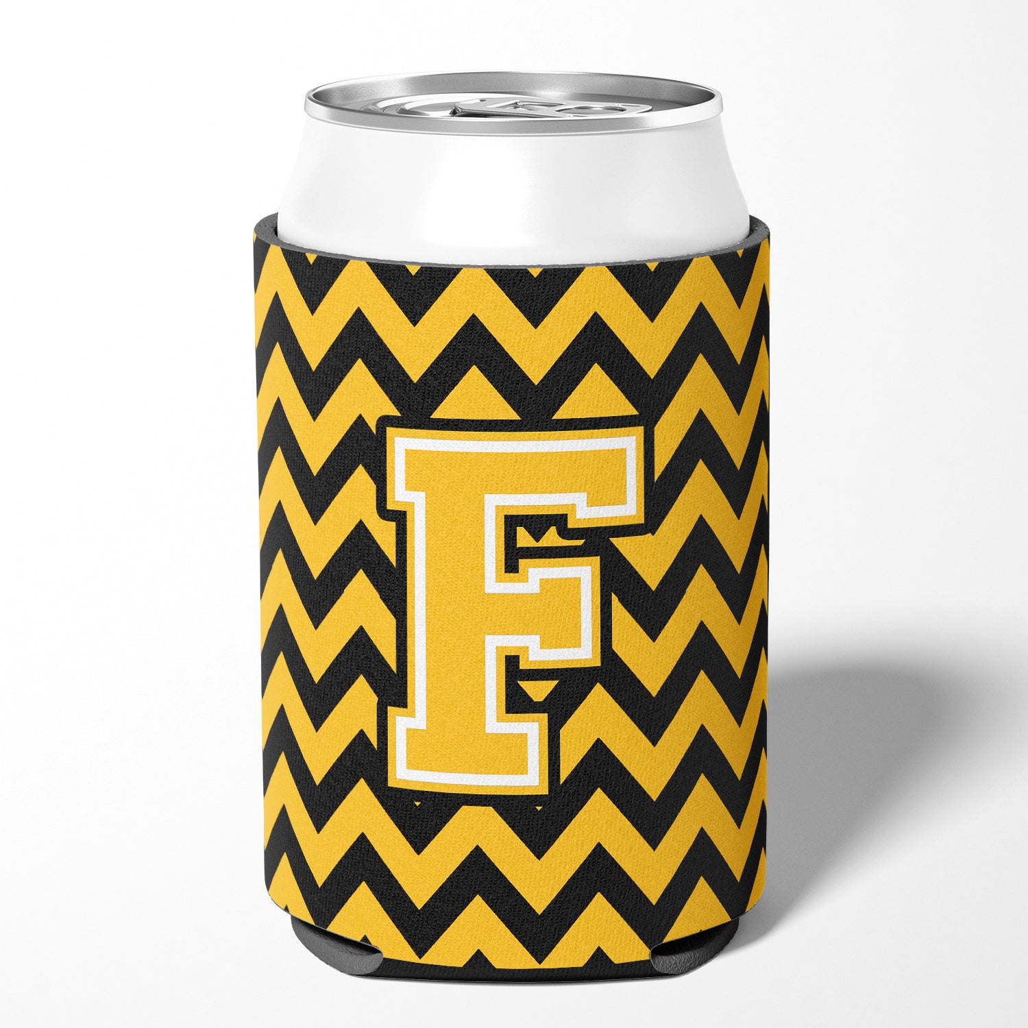 Letter F Chevron Black and Gold Can or Bottle Hugger CJ1053-FCC.