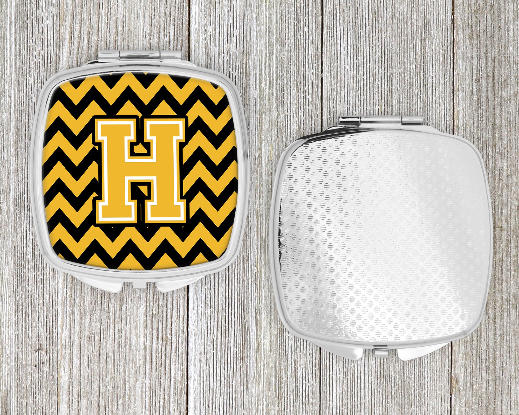 Letter H Chevron Black and Gold Compact Mirror CJ1053-HSCM  the-store.com.