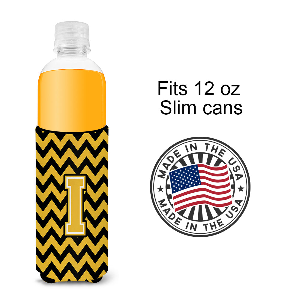 Letter I Chevron Black and Gold Ultra Beverage Insulators for slim cans CJ1053-IMUK.