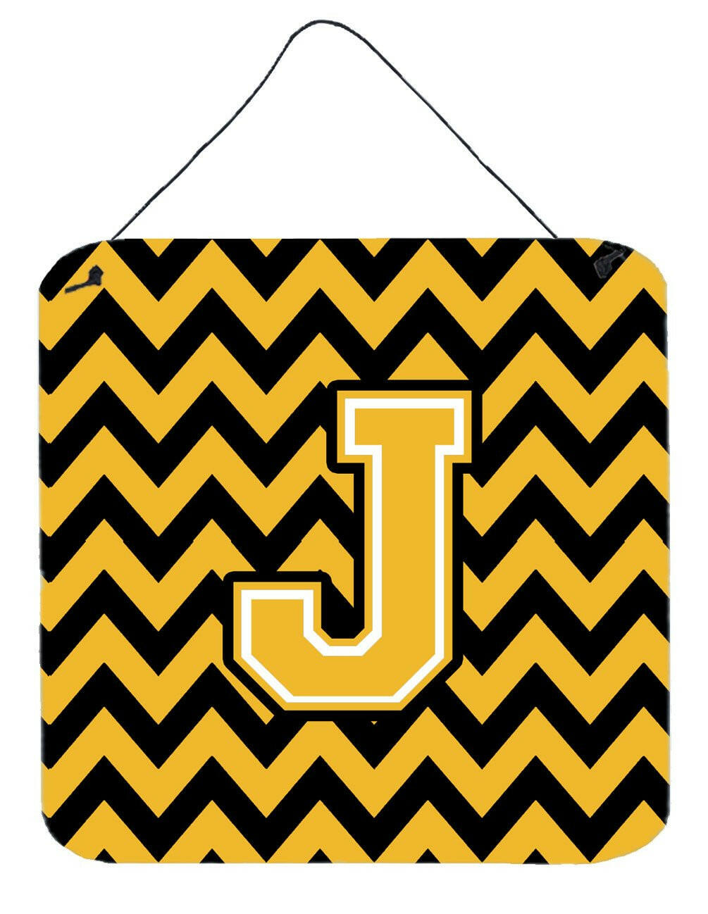 Letter J Chevron Black and Gold Wall or Door Hanging Prints CJ1053-JDS66 by Caroline's Treasures