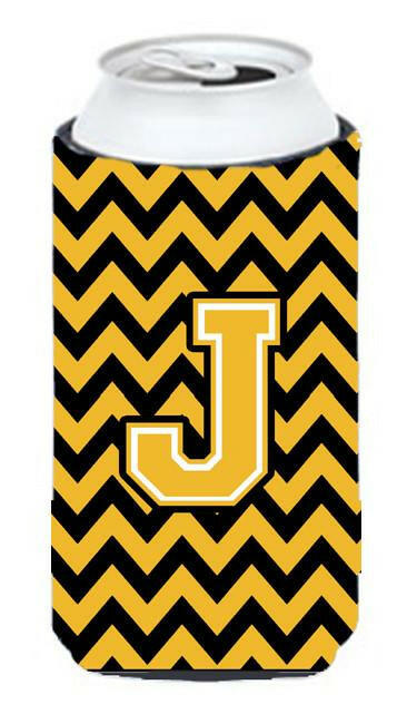 Letter J Chevron Black and Gold Tall Boy Beverage Insulator Hugger CJ1053-JTBC by Caroline&#39;s Treasures