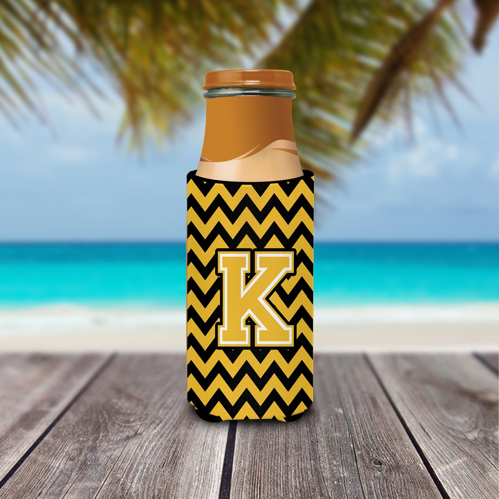 Letter K Chevron Black and Gold Ultra Beverage Insulators for slim cans CJ1053-KMUK.