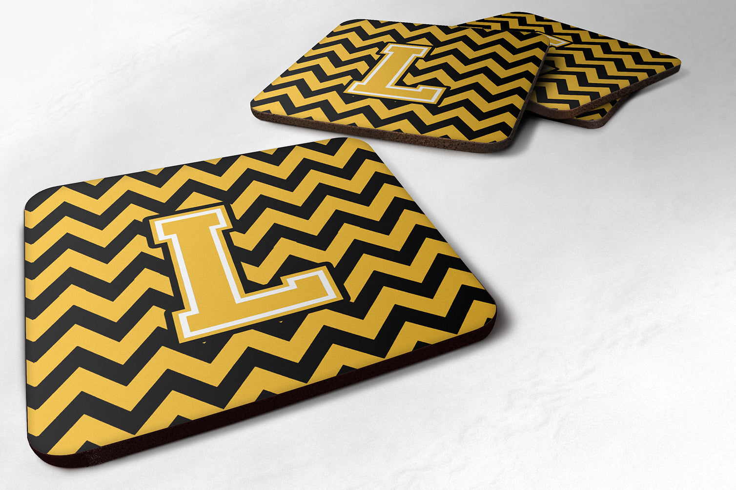 Letter L Chevron Black and Gold Foam Coaster Set of 4 CJ1053-LFC - the-store.com