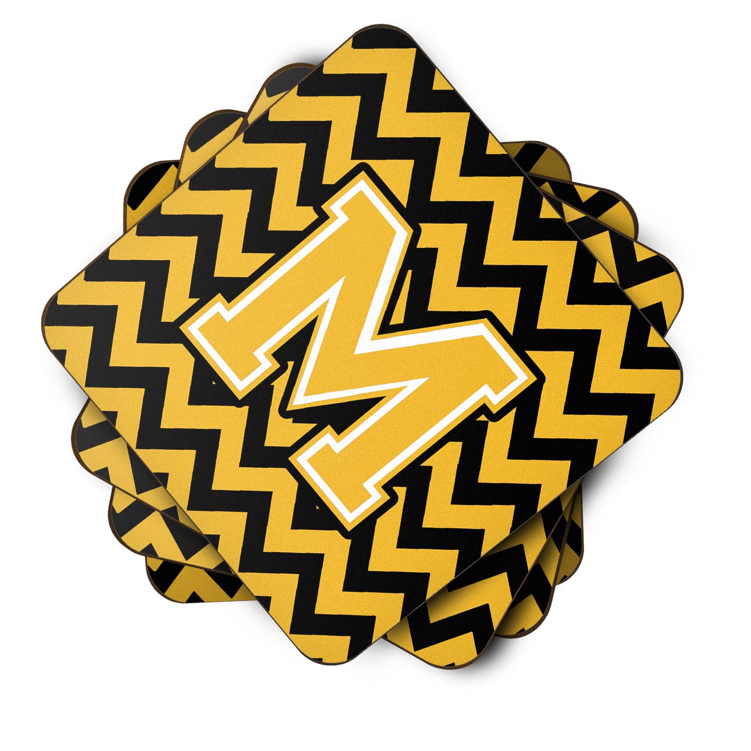 Letter M Chevron Black and Gold Foam Coaster Set of 4 CJ1053-MFC - the-store.com