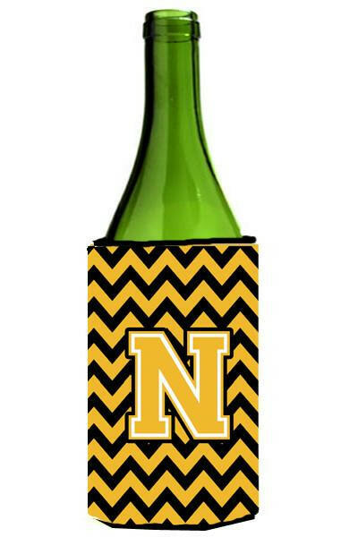 Letter N Chevron Black and Gold Wine Bottle Beverage Insulator Hugger CJ1053-NLITERK by Caroline's Treasures