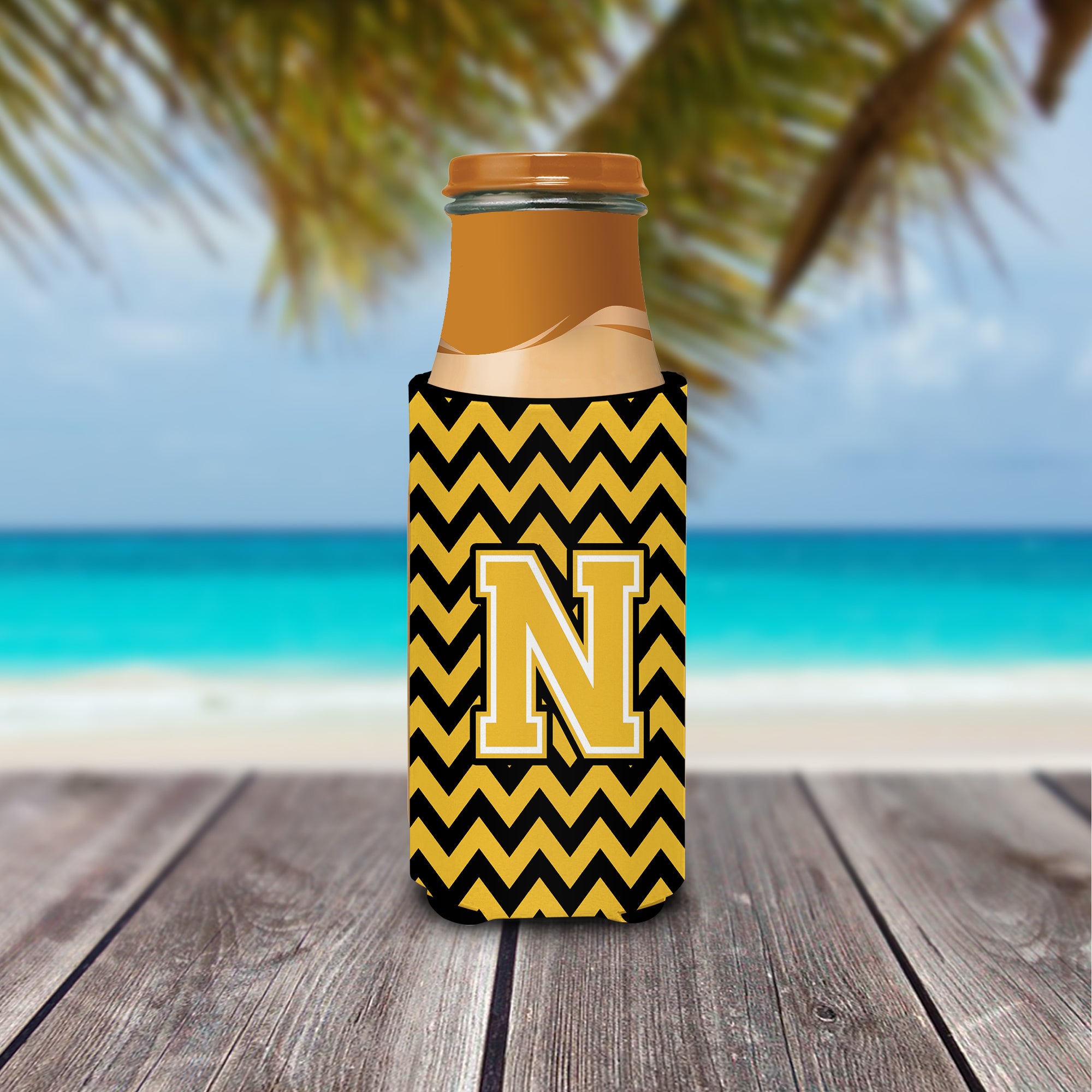 Letter N Chevron Black and Gold Ultra Beverage Insulators for slim cans CJ1053-NMUK.