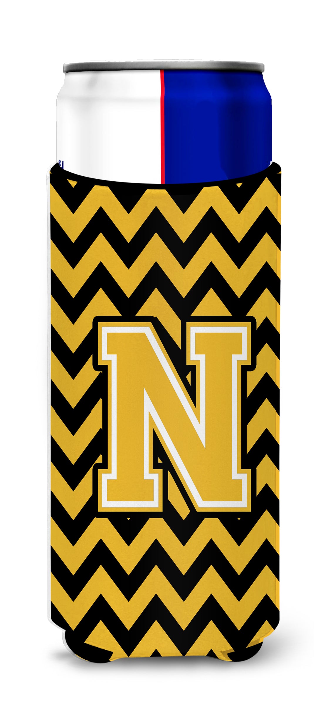 Letter N Chevron Black and Gold Ultra Beverage Insulators for slim cans CJ1053-NMUK.