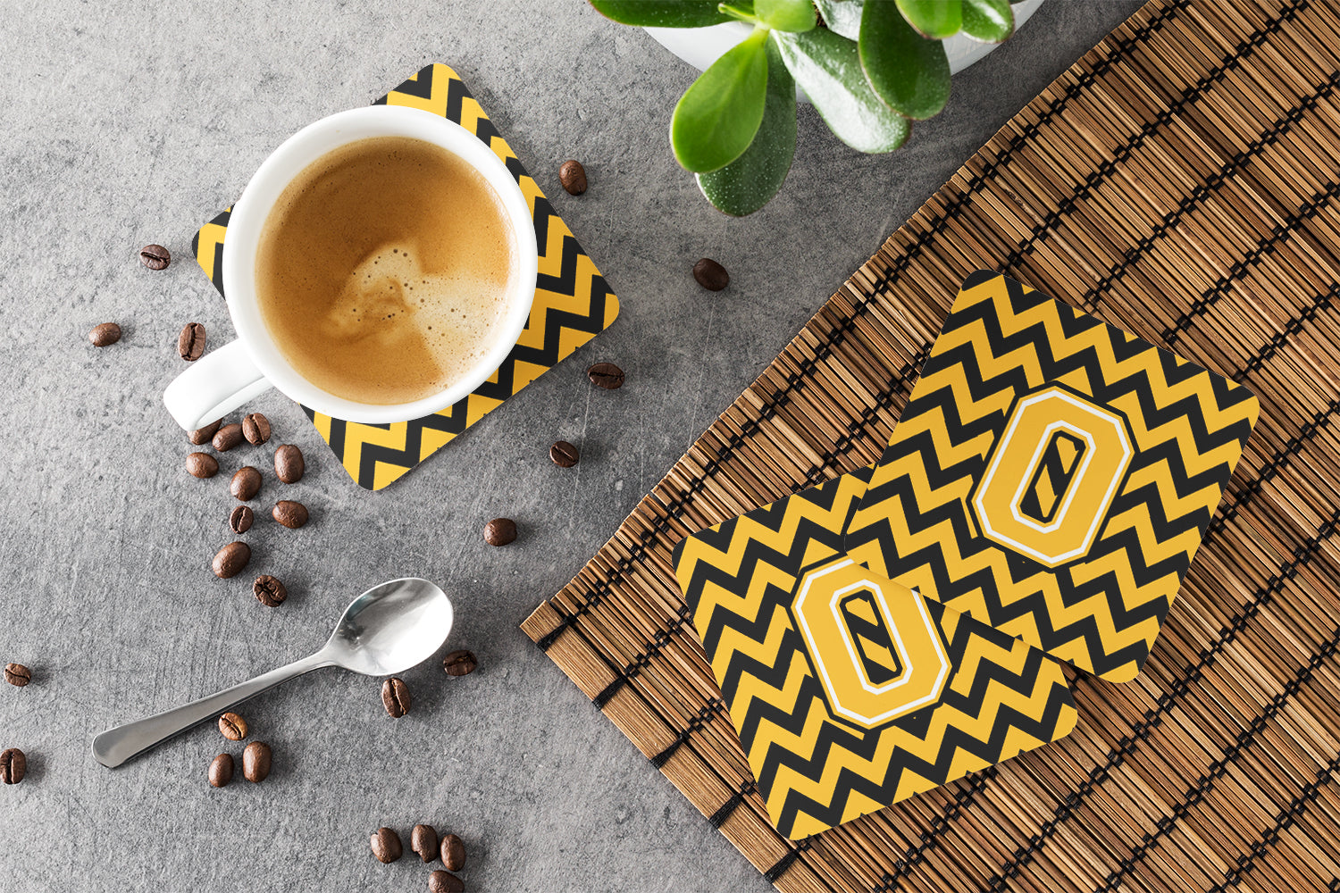 Letter O Chevron Black and Gold Foam Coaster Set of 4 CJ1053-OFC - the-store.com