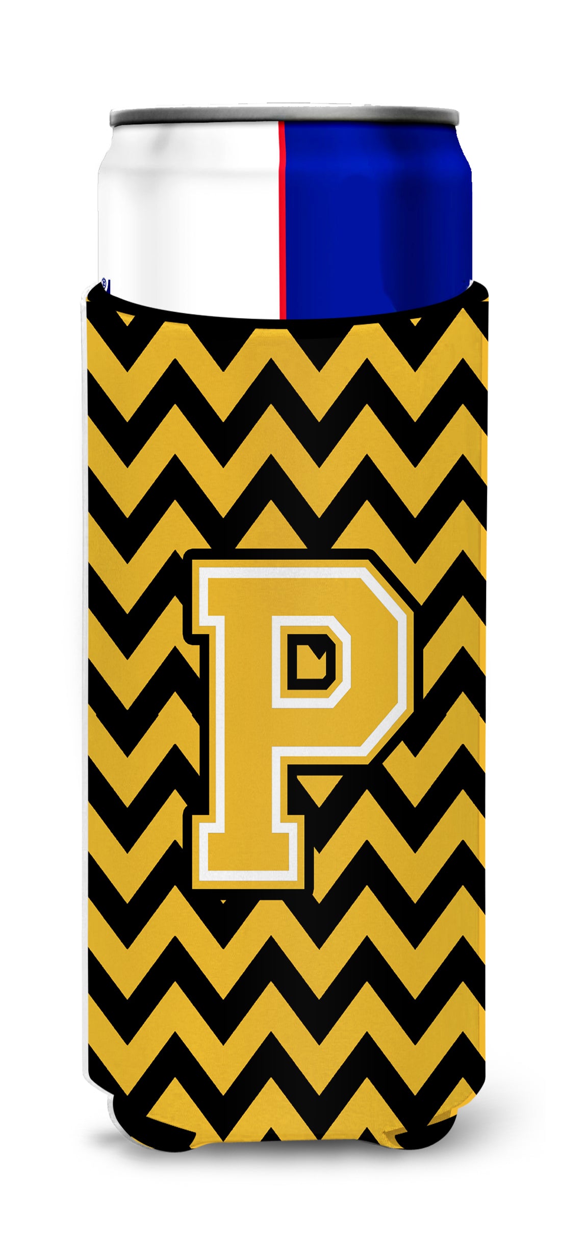 Letter P Chevron Black and Gold Ultra Beverage Insulators for slim cans CJ1053-PMUK.