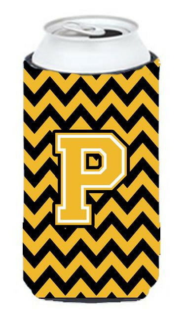 Letter P Chevron Black and Gold Tall Boy Beverage Insulator Hugger CJ1053-PTBC by Caroline's Treasures