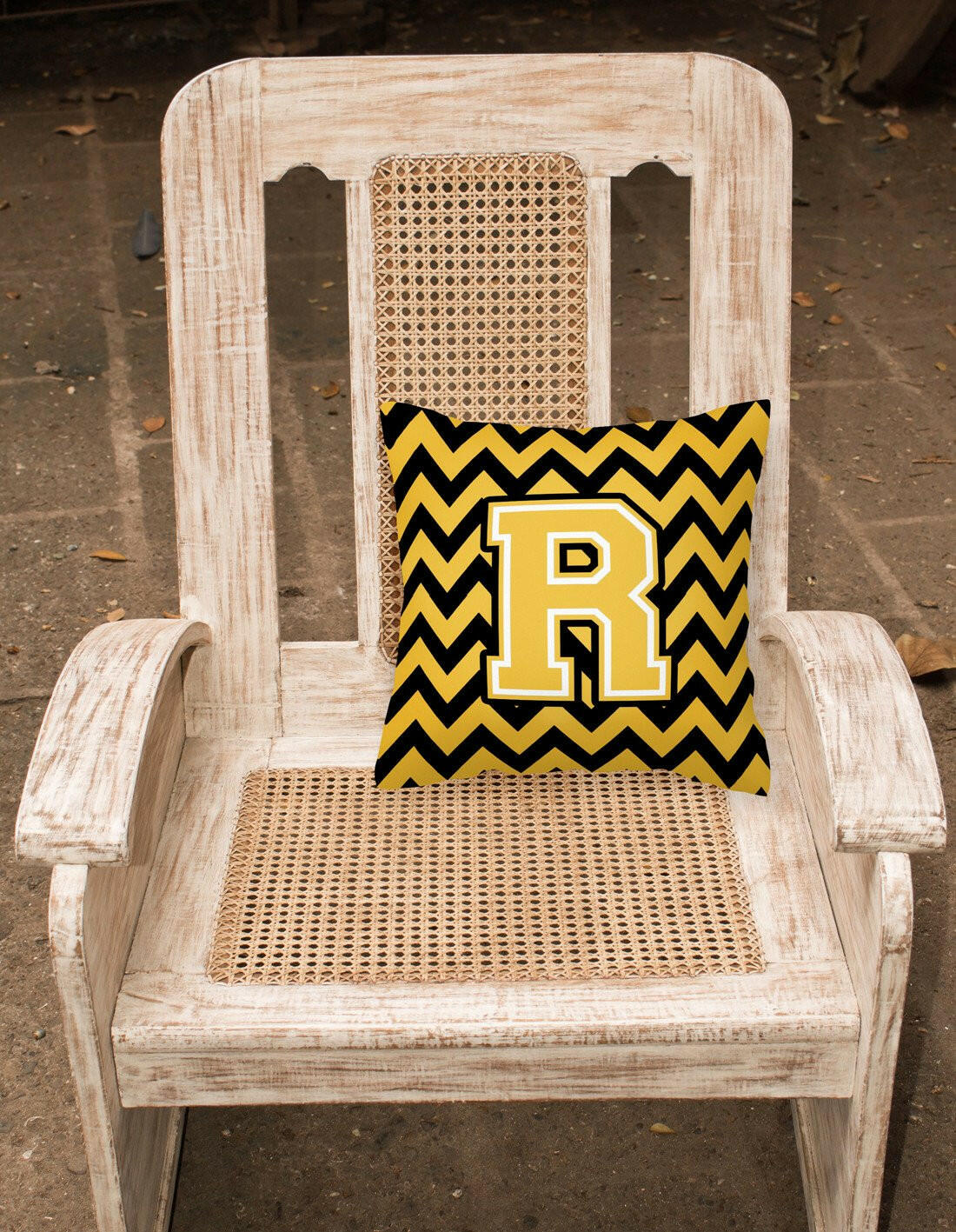 Letter R Chevron Black and Gold Fabric Decorative Pillow CJ1053-RPW1414 by Caroline's Treasures