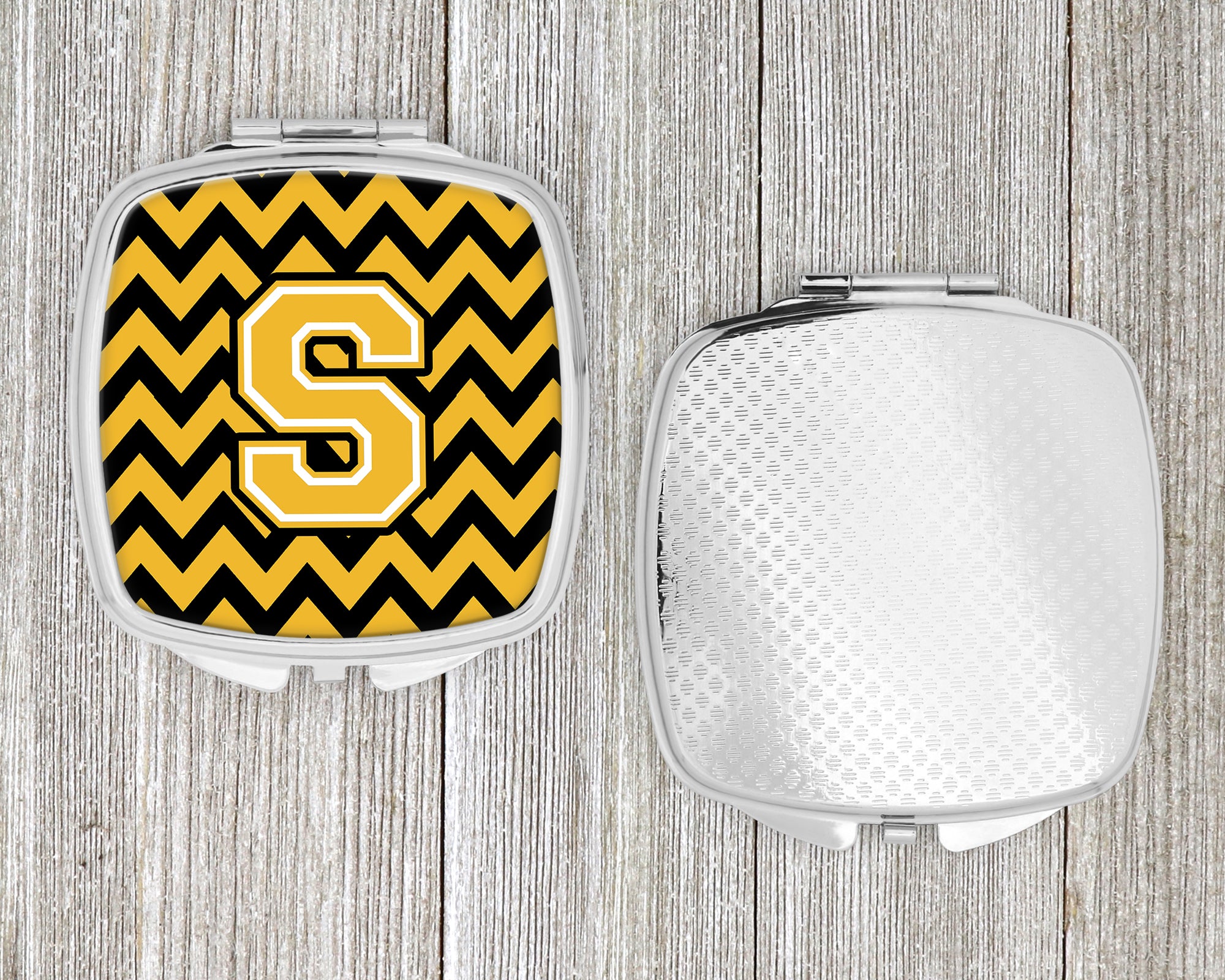 Letter S Chevron Black and Gold Compact Mirror CJ1053-SSCM  the-store.com.