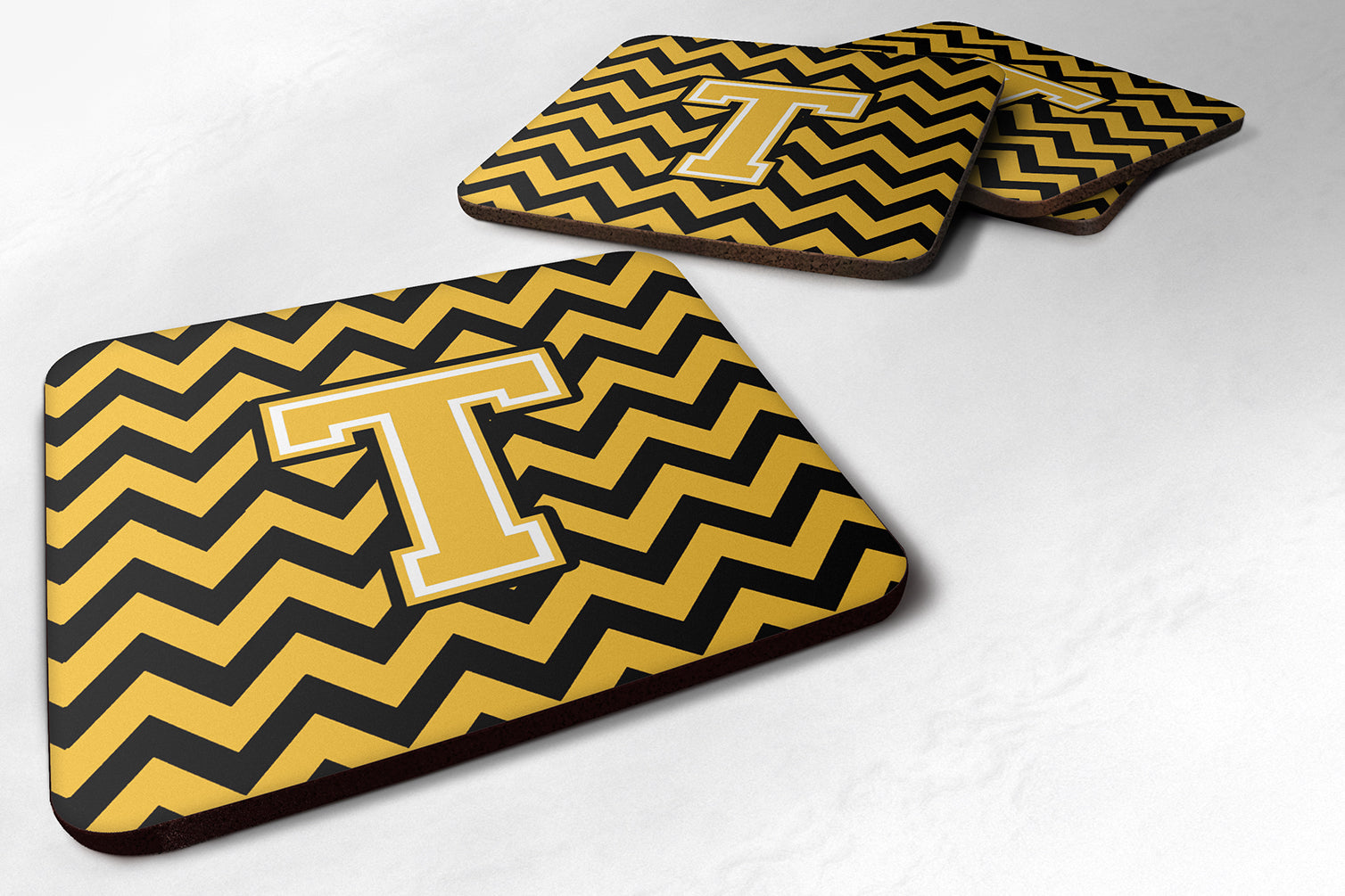 Letter T Chevron Black and Gold Foam Coaster Set of 4 CJ1053-TFC - the-store.com