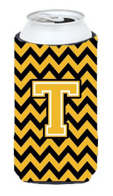 Letter T Chevron Black and Gold Tall Boy Beverage Insulator Hugger CJ1053-TTBC by Caroline's Treasures