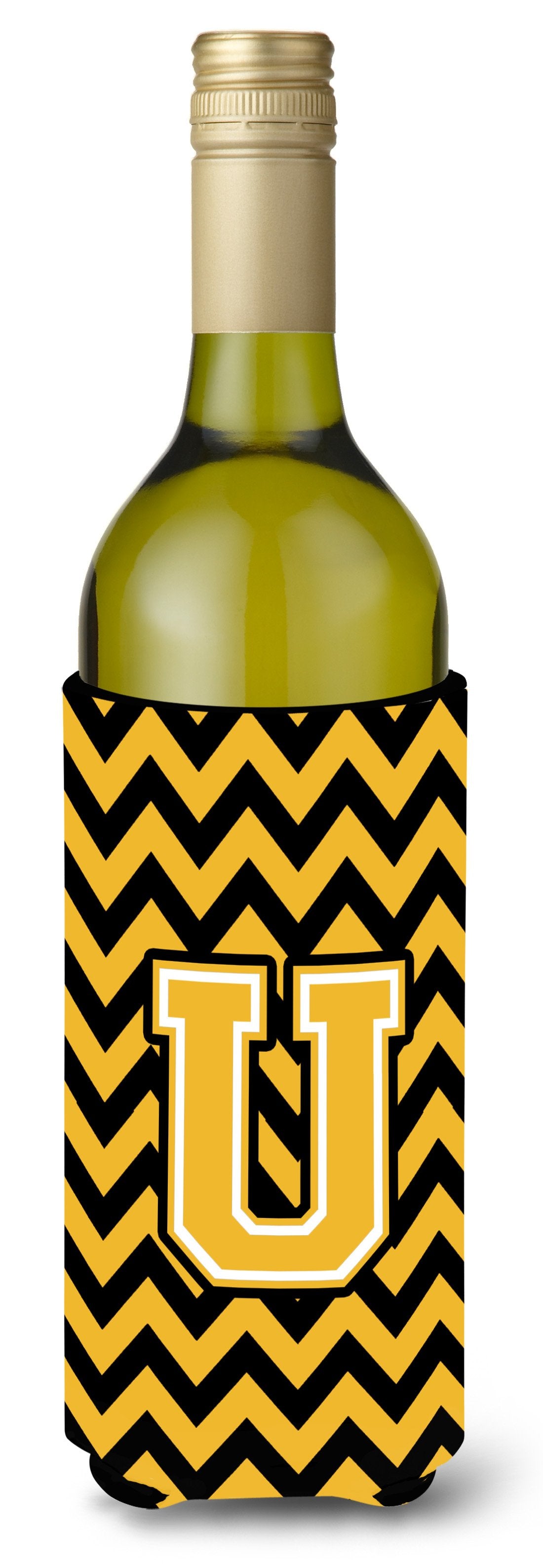 Letter U Chevron Black and Gold Wine Bottle Beverage Insulator Hugger CJ1053-ULITERK by Caroline&#39;s Treasures