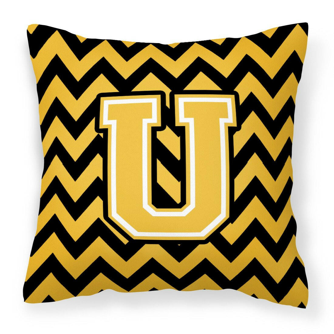 Letter U Chevron Black and Gold Fabric Decorative Pillow CJ1053-UPW1414 by Caroline&#39;s Treasures