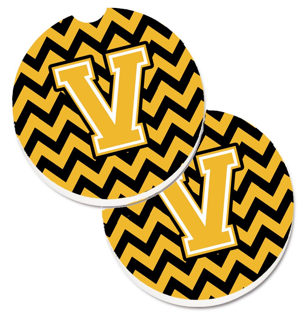 Letter V Chevron Black and Gold Set of 2 Cup Holder Car Coasters CJ1053-VCARC by Caroline's Treasures