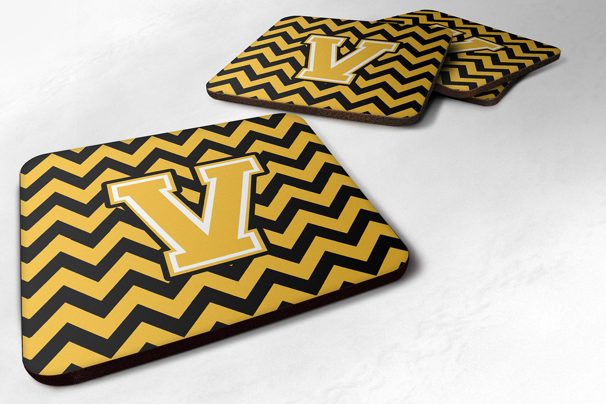 Letter V Chevron Black and Gold Foam Coaster Set of 4 CJ1053-VFC - the-store.com