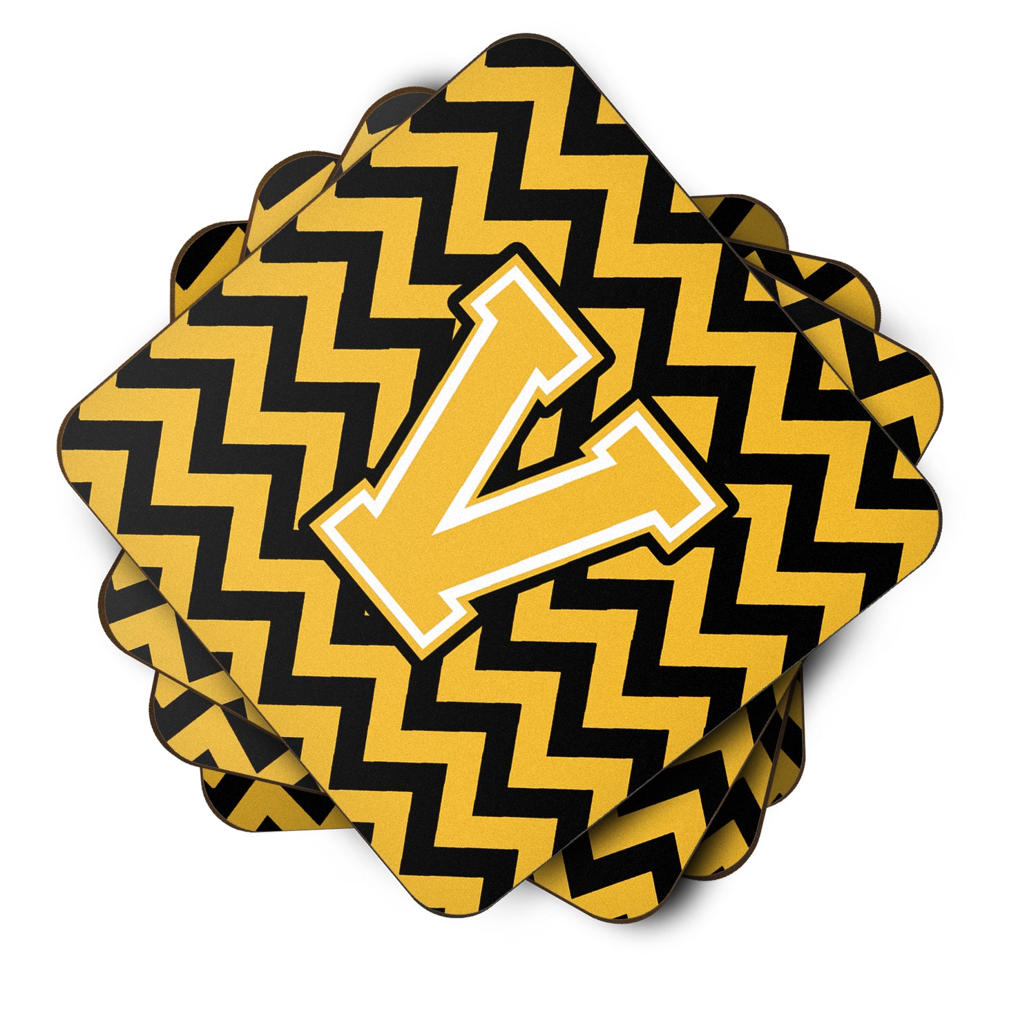 Letter V Chevron Black and Gold Foam Coaster Set of 4 CJ1053-VFC - the-store.com