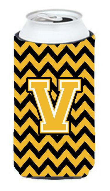 Letter V Chevron Black and Gold Tall Boy Beverage Insulator Hugger CJ1053-VTBC by Caroline's Treasures