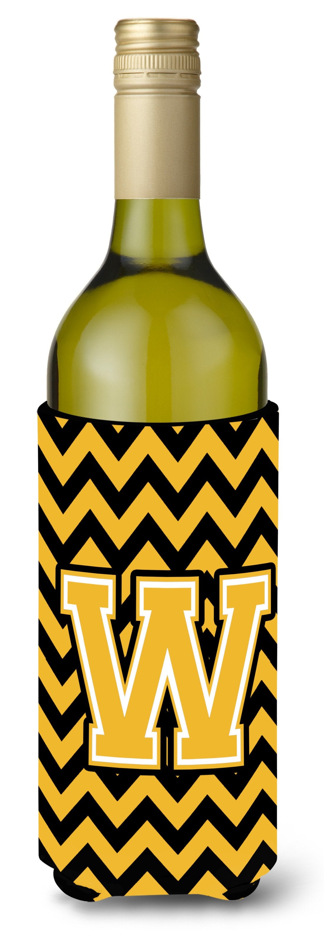 Letter W Chevron Black and Gold Wine Bottle Beverage Insulator Hugger by Caroline&#39;s Treasures