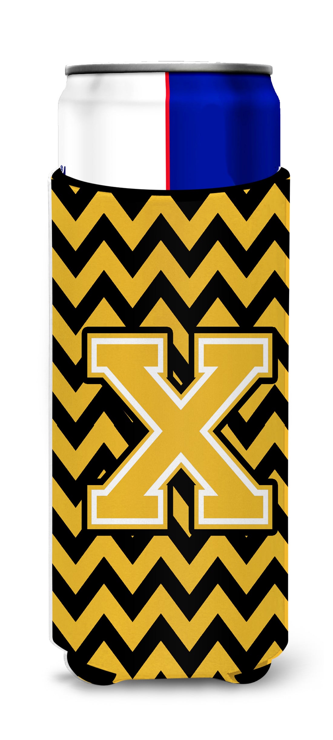 Letter X Chevron Black and Gold Ultra Beverage Insulators for slim cans CJ1053-XMUK.