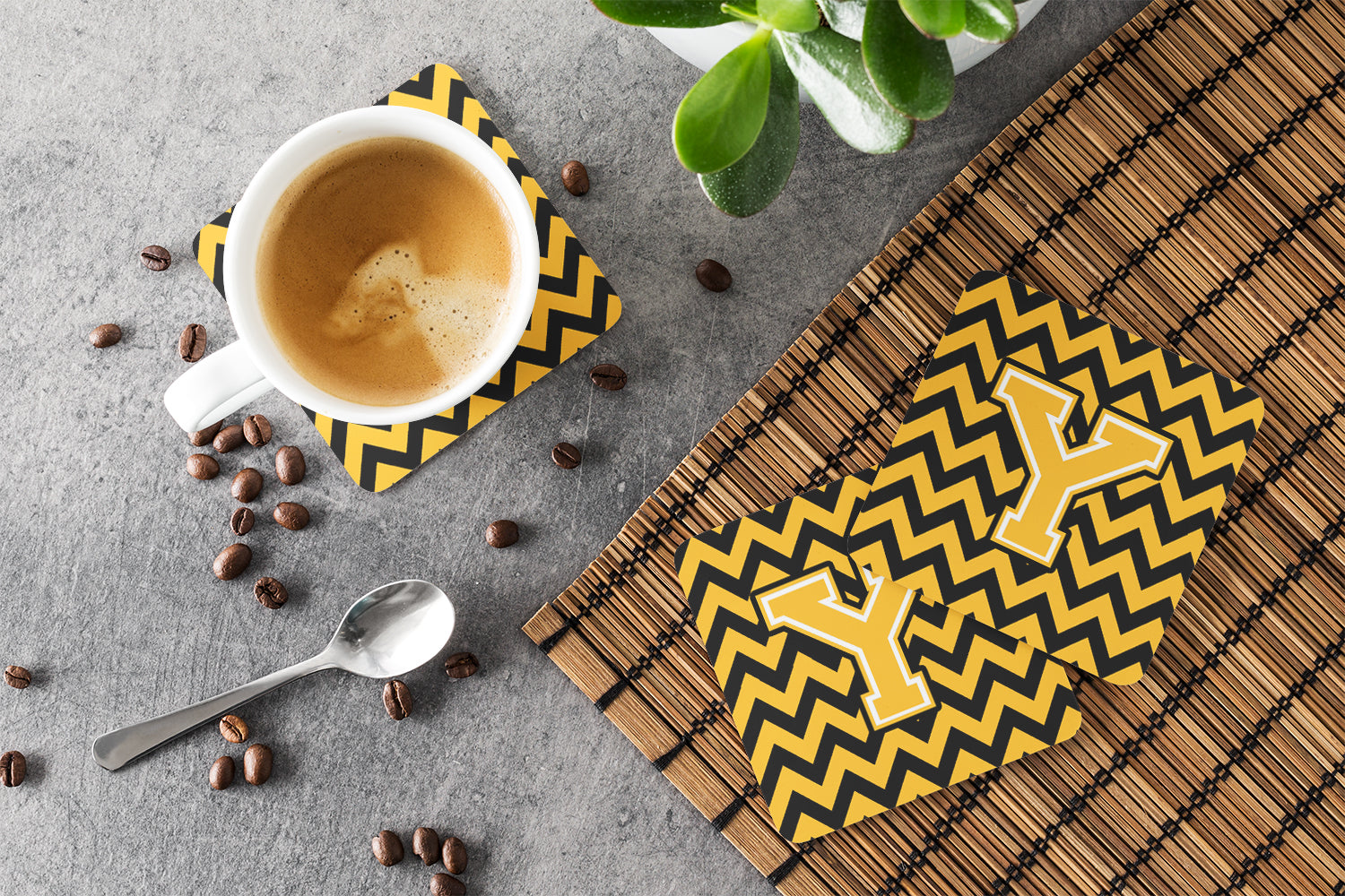 Letter Y Chevron Black and Gold Foam Coaster Set of 4 CJ1053-YFC - the-store.com