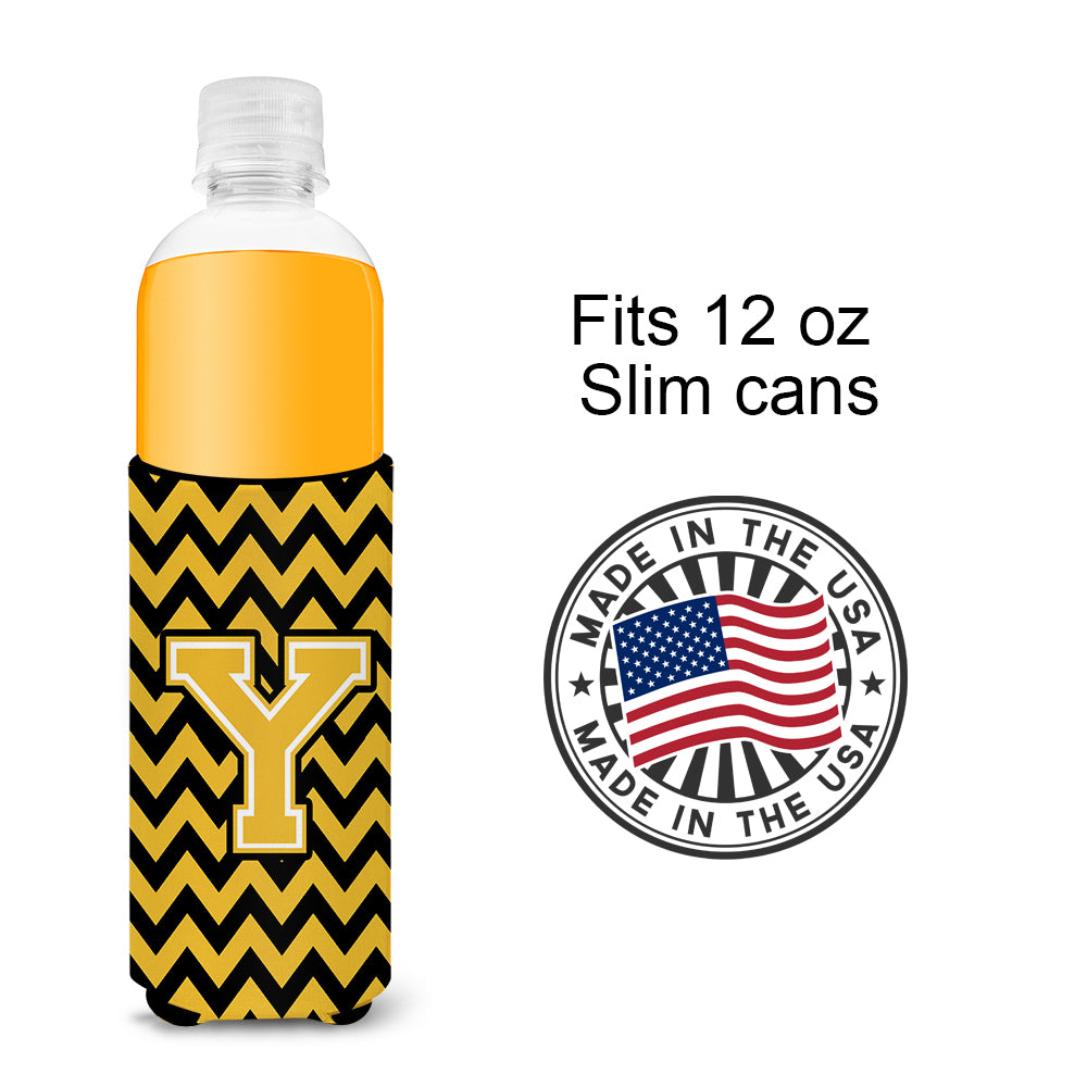 Letter Y Chevron Black and Gold Ultra Beverage Insulators for slim cans CJ1053-YMUK.