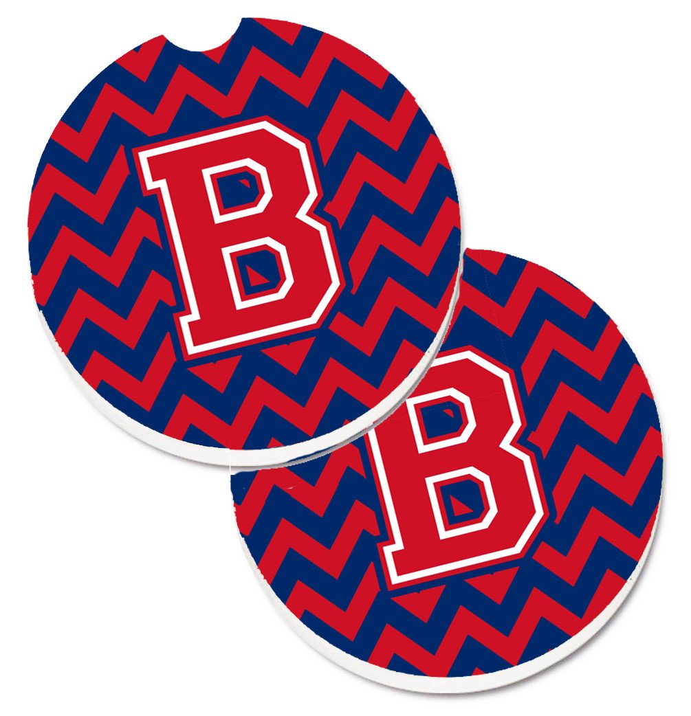 Letter B Chevron Yale Blue and Crimson Set of 2 Cup Holder Car Coasters CJ1054-BCARC by Caroline's Treasures