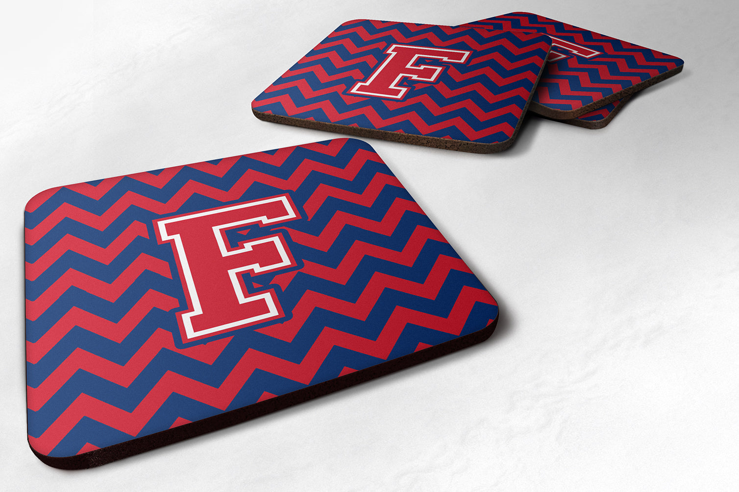 Letter F Chevron Yale Blue and Crimson Foam Coaster Set of 4 CJ1054-FFC - the-store.com