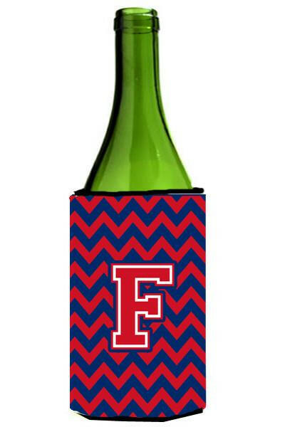 Letter F Chevron Yale Blue and Crimson Wine Bottle Beverage Insulator Hugger CJ1054-FLITERK by Caroline's Treasures