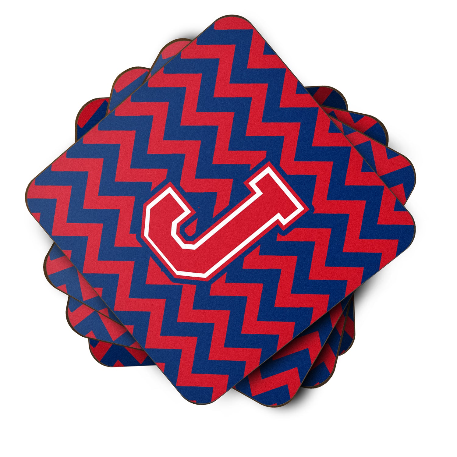 Letter J Chevron Yale Blue and Crimson Foam Coaster Set of 4 CJ1054-JFC - the-store.com