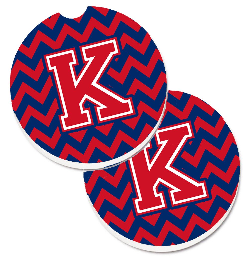 Letter K Chevron Yale Blue and Crimson Set of 2 Cup Holder Car Coasters CJ1054-KCARC by Caroline's Treasures