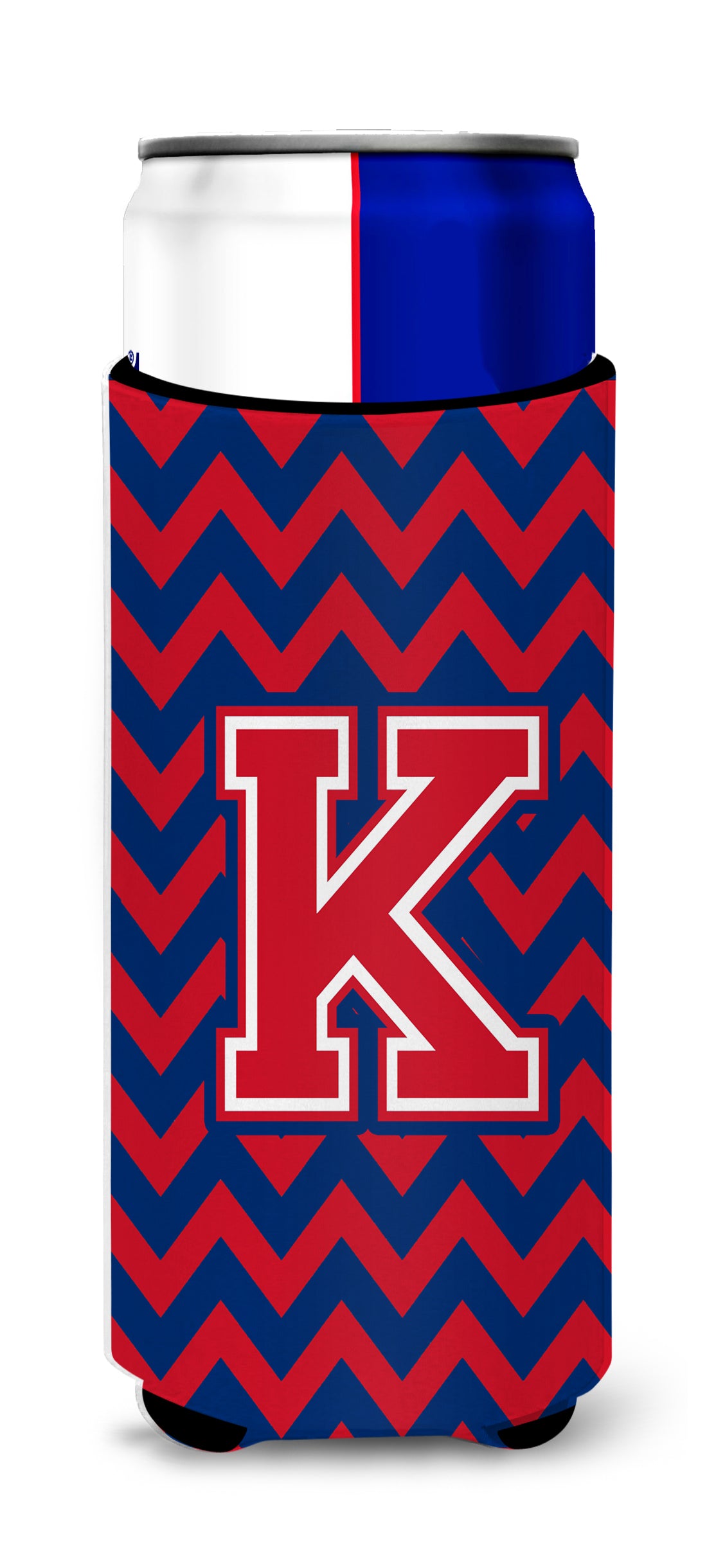 Letter K Chevron Yale Blue and Crimson Ultra Beverage Insulators for slim cans CJ1054-KMUK.