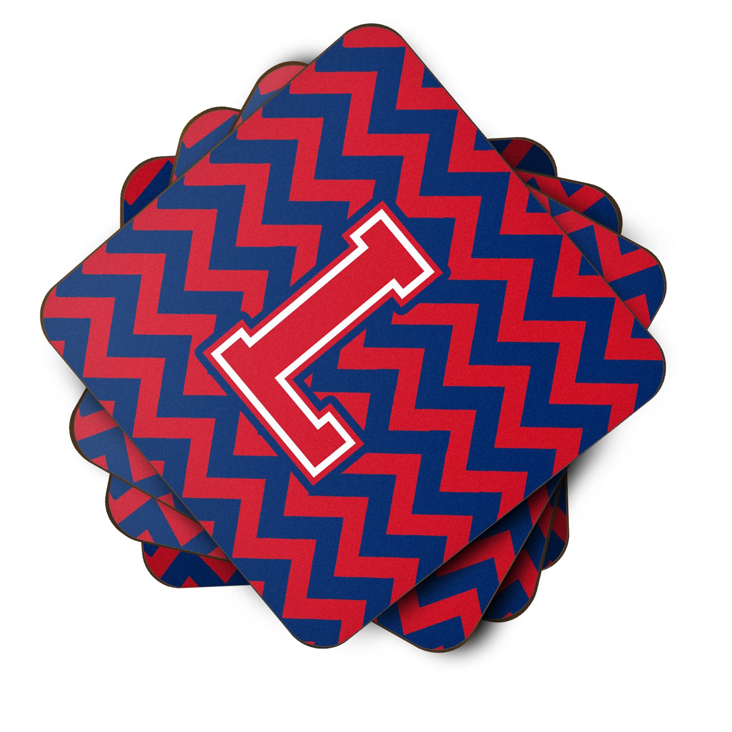 Letter L Chevron Yale Blue and Crimson Foam Coaster Set of 4 CJ1054-LFC - the-store.com