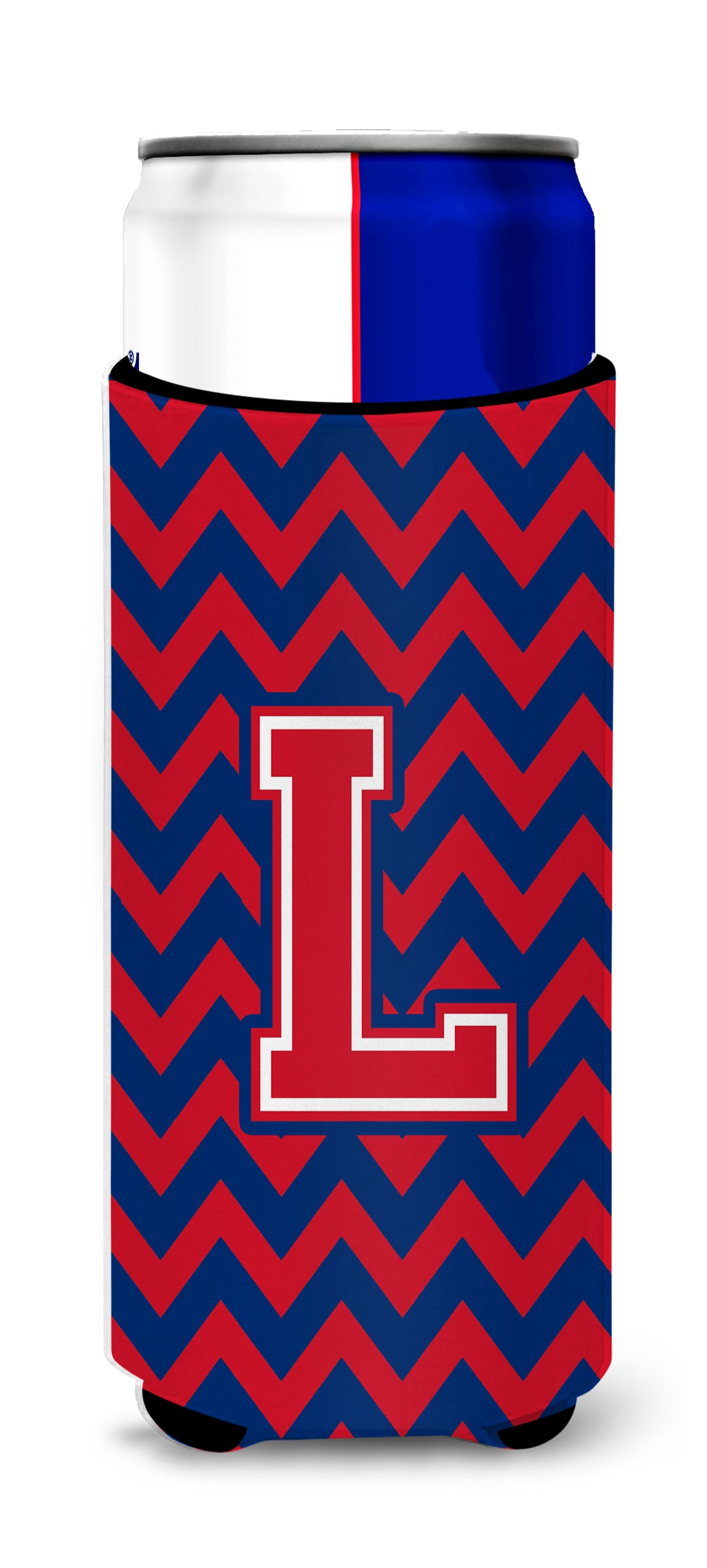 Letter L Chevron Yale Blue and Crimson Ultra Beverage Insulators for slim cans CJ1054-LMUK.