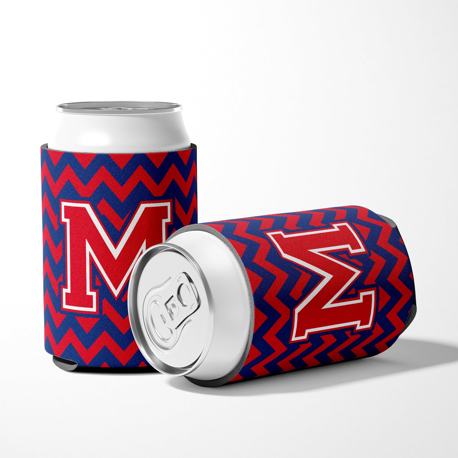 Letter M Chevron Yale Blue and Crimson Can or Bottle Hugger CJ1054-MCC.