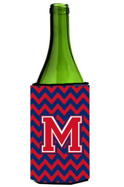 Letter M Chevron Yale Blue and Crimson Wine Bottle Beverage Insulator Hugger CJ1054-MLITERK by Caroline's Treasures