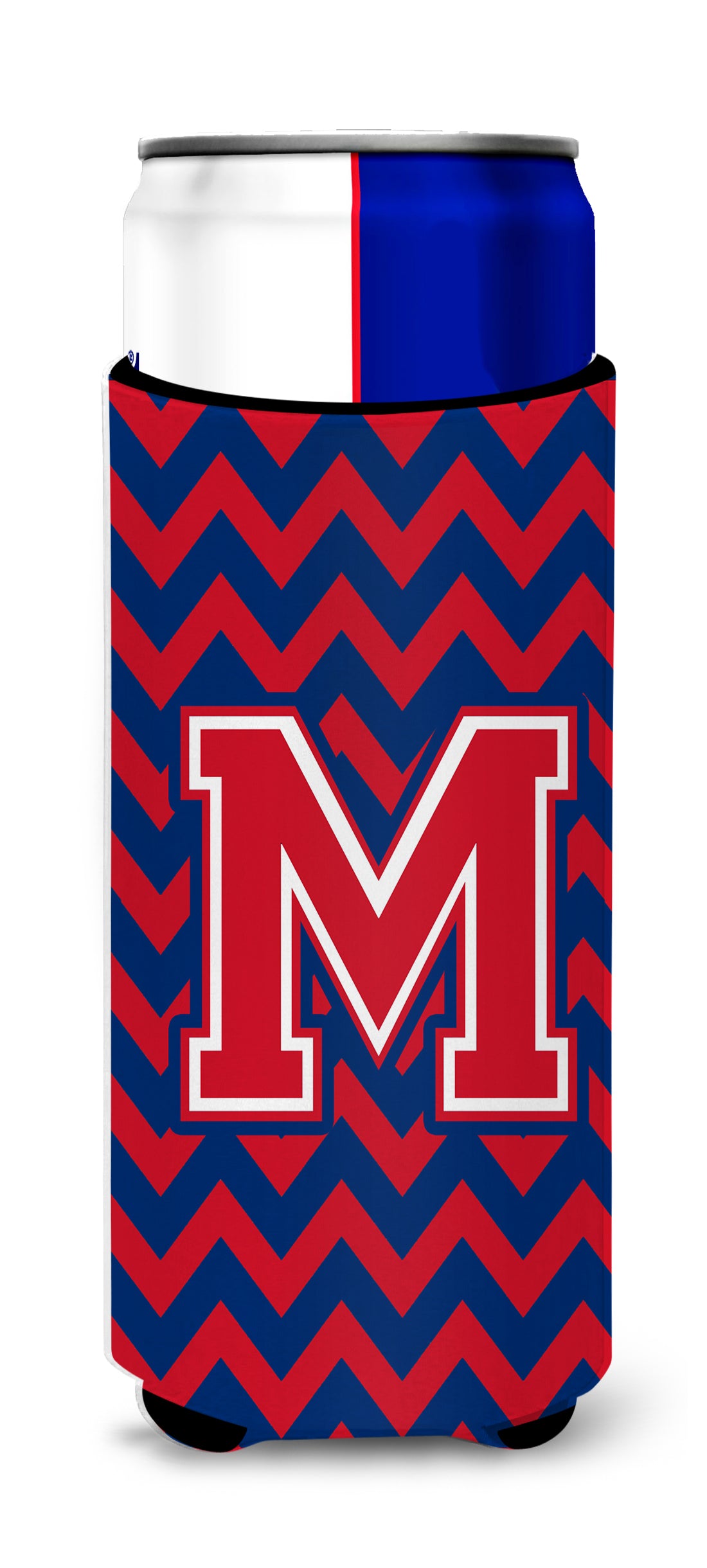 Letter M Chevron Yale Blue and Crimson Ultra Beverage Insulators for slim cans CJ1054-MMUK.